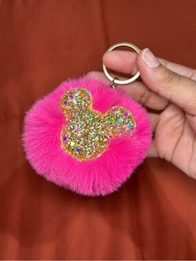 ✨Cute Faux Fur Keychain with Gold Glitter Mickey Accent White, Pink & Lime Green